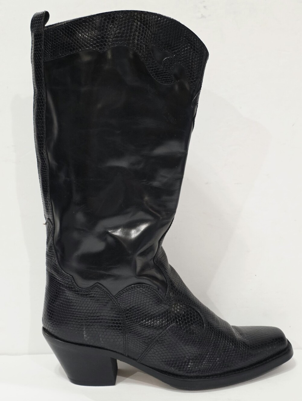 Joan David BLACK LEATHER Boot Mid-Calf Lizard Vintage Western 37.5 USA 7.5 Used